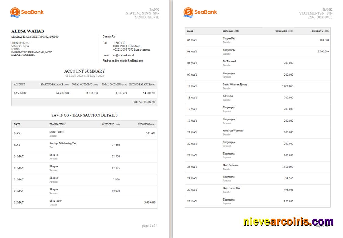 Indonesia Seabank statement Word and PDF, 4 pages  1 2 scr